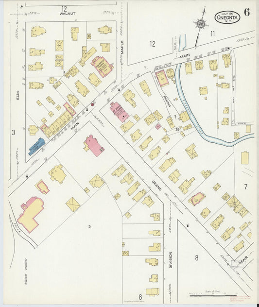 Sanborn Fire Insurance Map from Oneonta, Otsego County, New York (1916), Sheet #0006 - Historic Sanborn Fire Insurance Map Print, vintage old map wall art, antique decor, genealogy gift, New York New York map