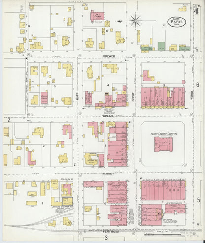 Sanborn Fire Insurance Map from Paris, Henry County, Tennessee (1901), Sheet #0004 - Complete Map Set gallery image, historic Sanborn map, vintage wall art, Tennessee Tennessee