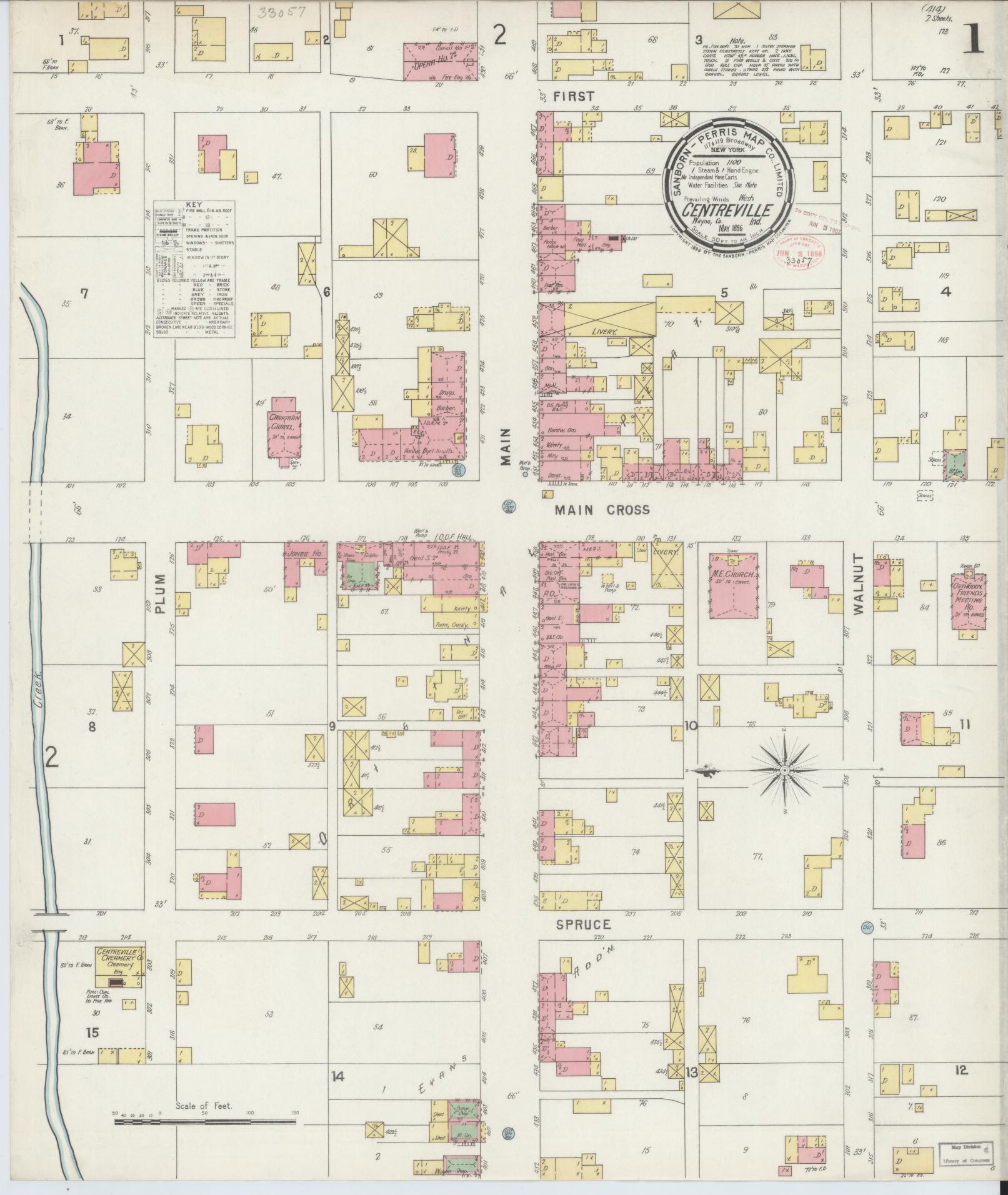 Sanborn Fire Insurance Map from Centerville, Wayne County, Indiana (1896), Sheet #0001 - Historic Sanborn Fire Insurance Map Print, vintage old map wall art, antique decor, genealogy gift, Indiana Indiana map