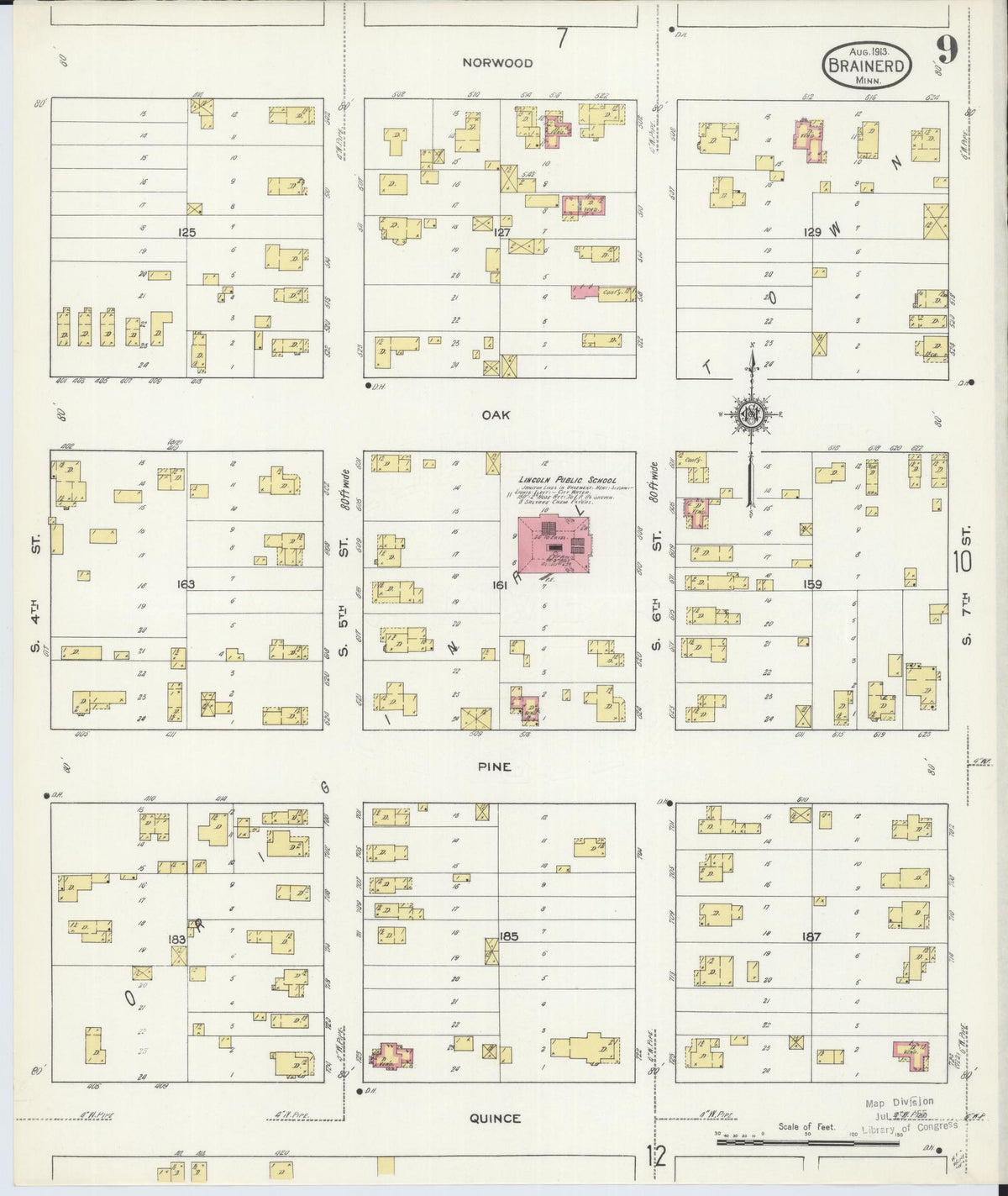 Sanborn Fire Insurance Map from Brainerd, Crow Wing County, Minnesota (1913), Sheet #0009 - Complete Map Set gallery image, historic Sanborn map, vintage wall art, Minnesota Minnesota