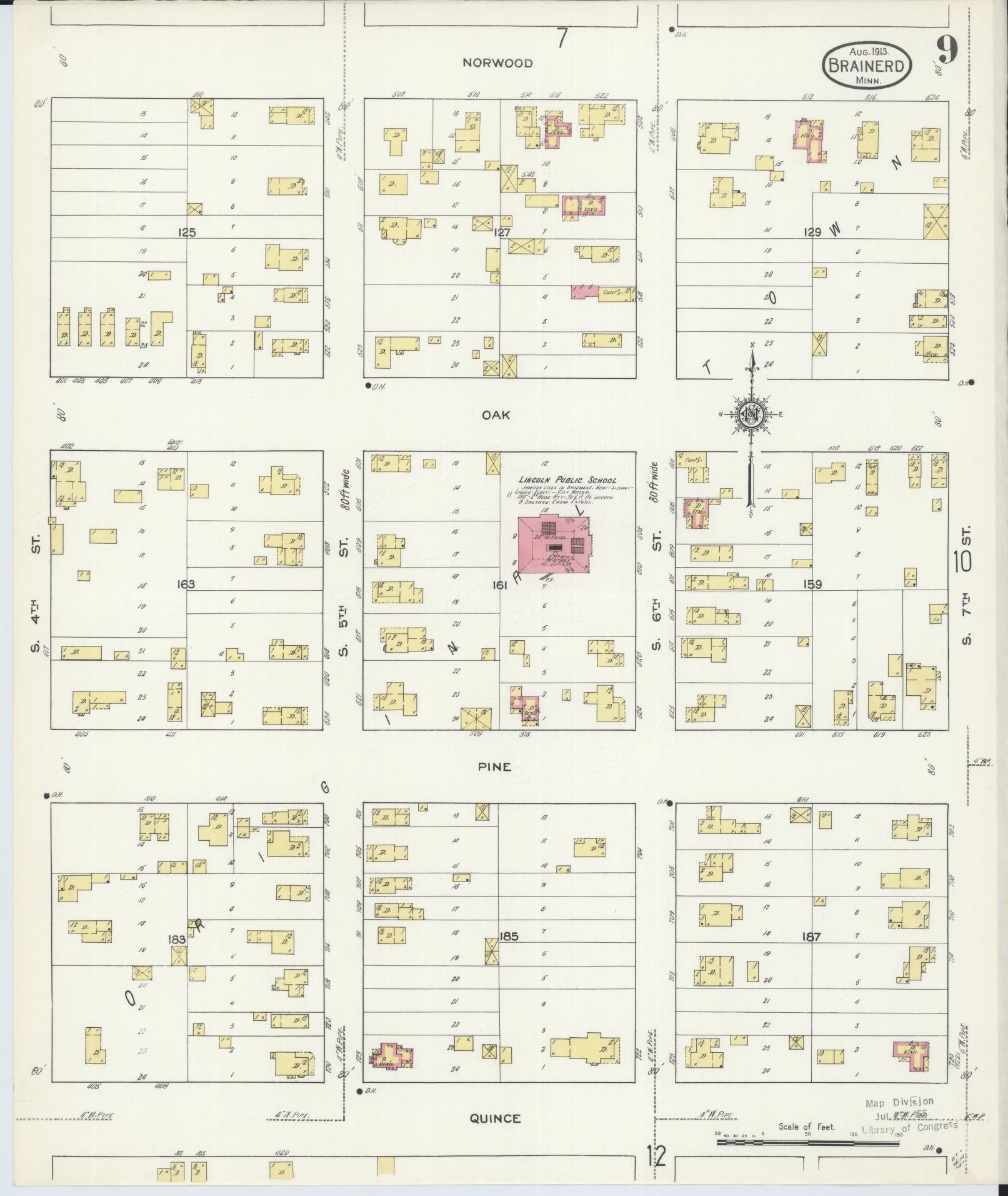 Sanborn Fire Insurance Map from Brainerd, Crow Wing County, Minnesota (1913), Sheet #0009 - Complete Map Set gallery image, historic Sanborn map, vintage wall art, Minnesota Minnesota