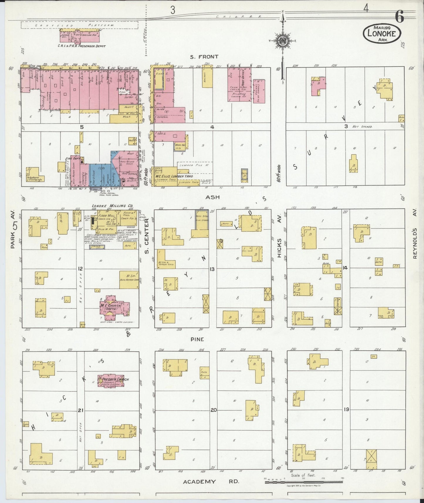 Sanborn Fire Insurance Map from Lonoke, Lonoke County, Arkansas (1919), Sheet #0006 - Complete Map Set gallery image, historic Sanborn map, vintage wall art, Arkansas Arkansas