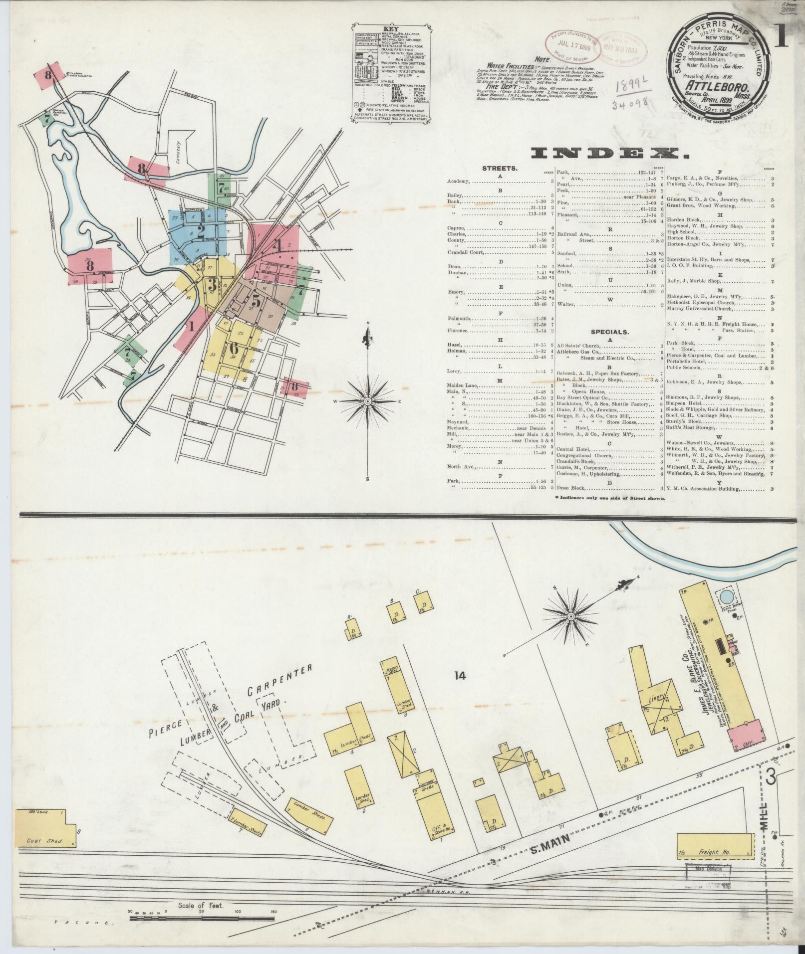 Sanborn Fire Insurance Map from Attleboro, Bristol County, Massachusetts (1899), Sheet #0001 - Complete Map Set gallery image, historic Sanborn map, vintage wall art, Massachusetts Massachusetts