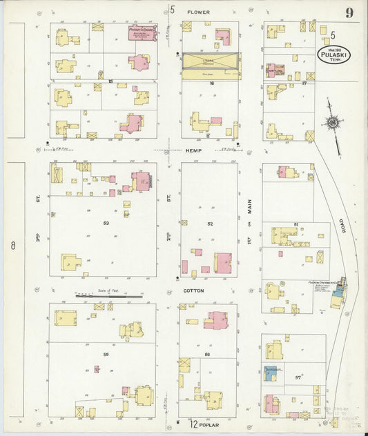 Sanborn Fire Insurance Map from Pulaski, Giles County, Tennessee (1910), Sheet #0009 - Historic Sanborn Fire Insurance Map Print, vintage old map wall art, antique decor, genealogy gift, Tennessee Tennessee map
