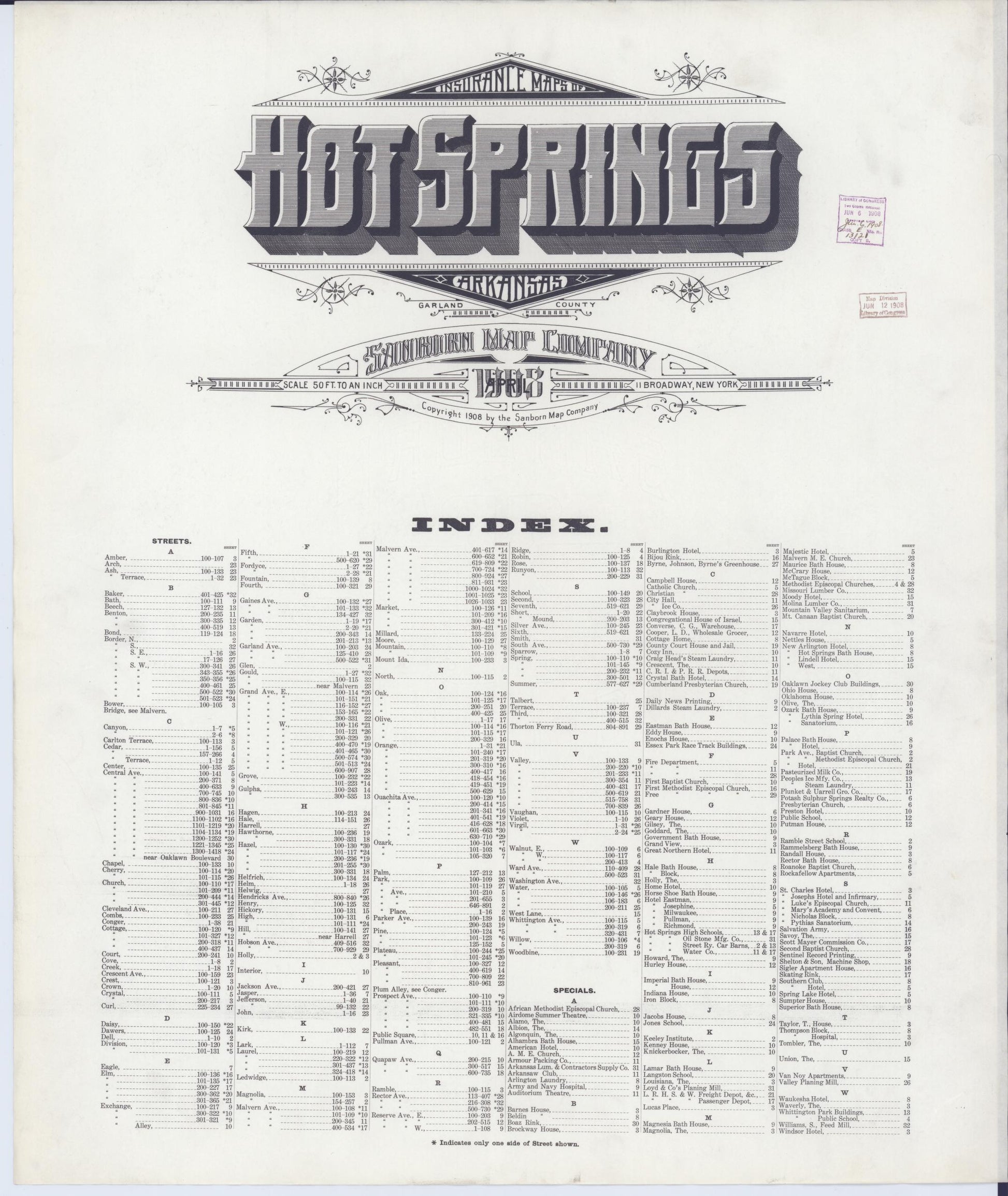 Sanborn Fire Insurance Map from Hot Springs, Garland County, Arkansas (1908), Sheet #0001 - Historic Sanborn Fire Insurance Map Print, vintage old map wall art, antique decor, genealogy gift, Arkansas Arkansas map