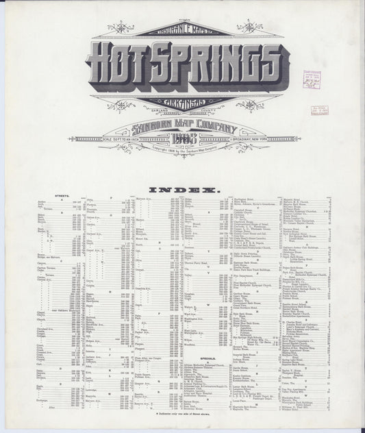 Sanborn Fire Insurance Map from Hot Springs, Garland County, Arkansas (1908), Sheet #0001 - Historic Sanborn Fire Insurance Map Print, vintage old map wall art, antique decor, genealogy gift, Arkansas Arkansas map