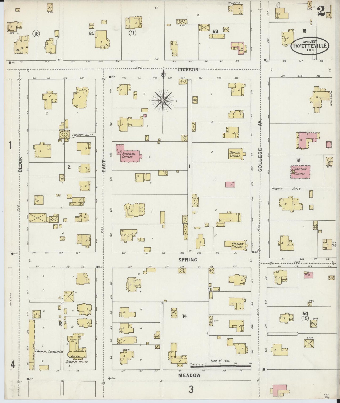 Sanborn Fire Insurance Map from Fayetteville, Washington County, Arkansas (1897), Sheet #0002 - Historic Sanborn Fire Insurance Map Print, vintage old map wall art, antique decor, genealogy gift, Arkansas Arkansas map