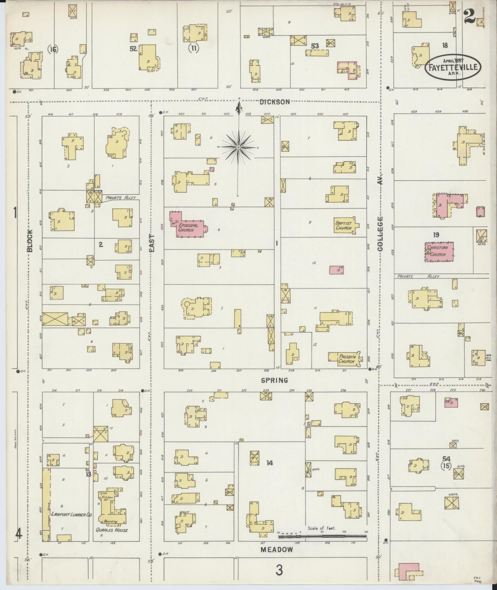 Sanborn Fire Insurance Map from Fayetteville, Washington County, Arkansas (1897), Sheet #0002 - Historic Sanborn Fire Insurance Map Print, vintage old map wall art, antique decor, genealogy gift, Arkansas Arkansas map