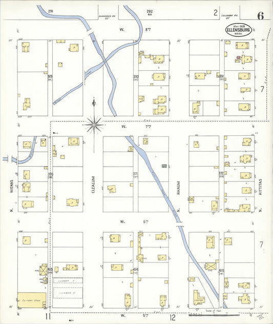 Sanborn Fire Insurance Map from Ellensburg, Kittitas County, Washington (1909), Sheet #0006 - Historic Sanborn Fire Insurance Map Print, vintage old map wall art, antique decor, genealogy gift, Washington Washington map