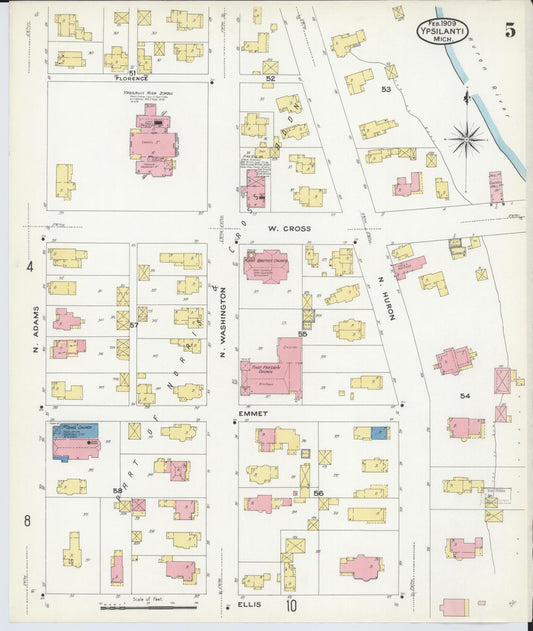 Sanborn Fire Insurance Map from Ypsilanti, Washtenaw County, Michigan (1909), Sheet #0005 - Historic Sanborn Fire Insurance Map Print, vintage old map wall art, antique decor, genealogy gift, Michigan Michigan map
