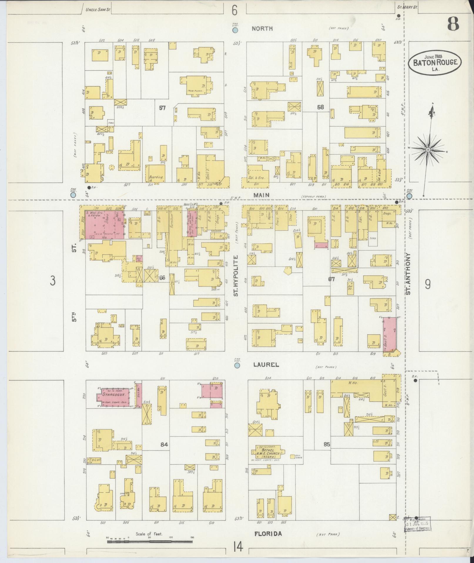 Sanborn Fire Insurance Map from Baton Rouge, East Baton Rouge Parish, Louisiana (1903), Sheet #0008 - Historic Sanborn Fire Insurance Map Print, vintage old map wall art, antique decor, genealogy gift, Louisiana Louisiana map