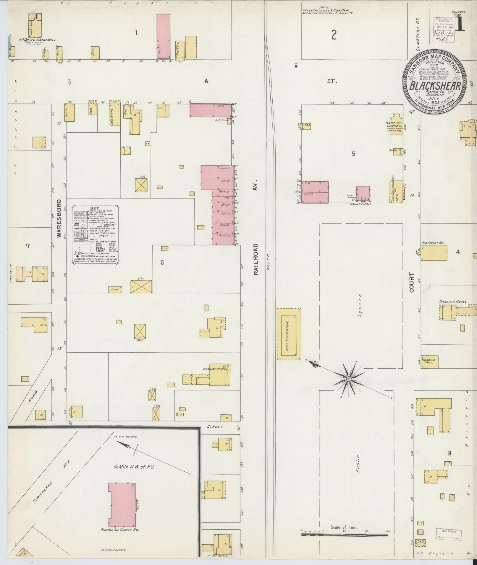 Sanborn Fire Insurance Map from Blackshear, Pierce County, Georgia (1903), Sheet #0001 - Historic Sanborn Fire Insurance Map Print, vintage old map wall art, antique decor, genealogy gift, Georgia Georgia map