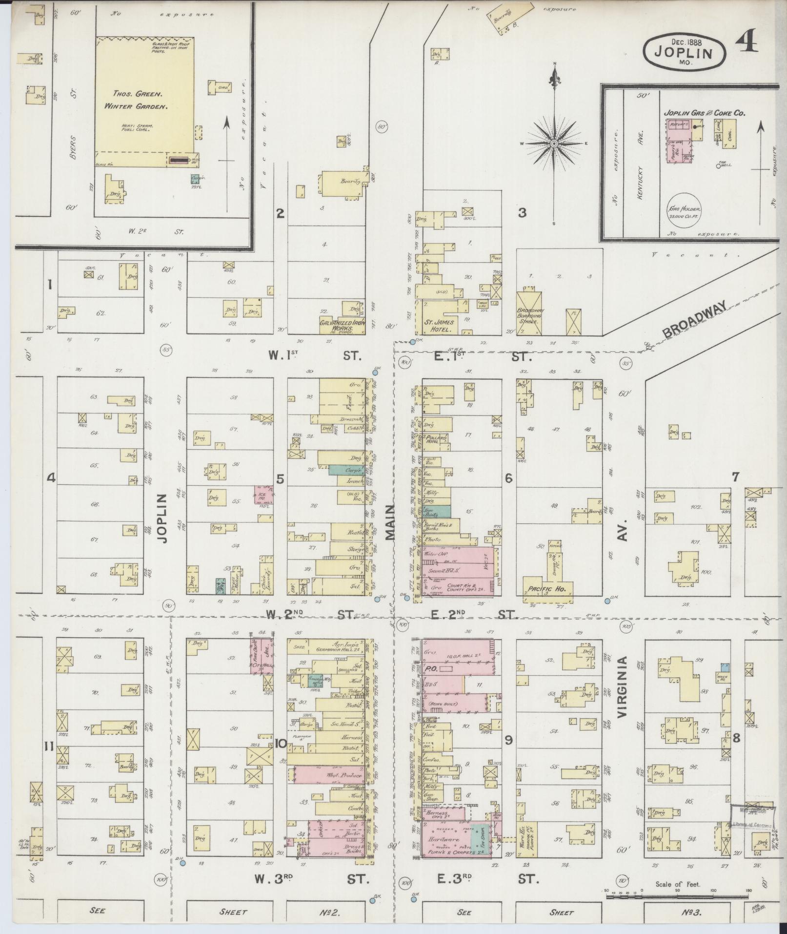 Sanborn Fire Insurance Map from Joplin, Jasper County, Missouri (1888), Sheet #0004 - Complete Map Set gallery image, historic Sanborn map, vintage wall art, Missouri Missouri