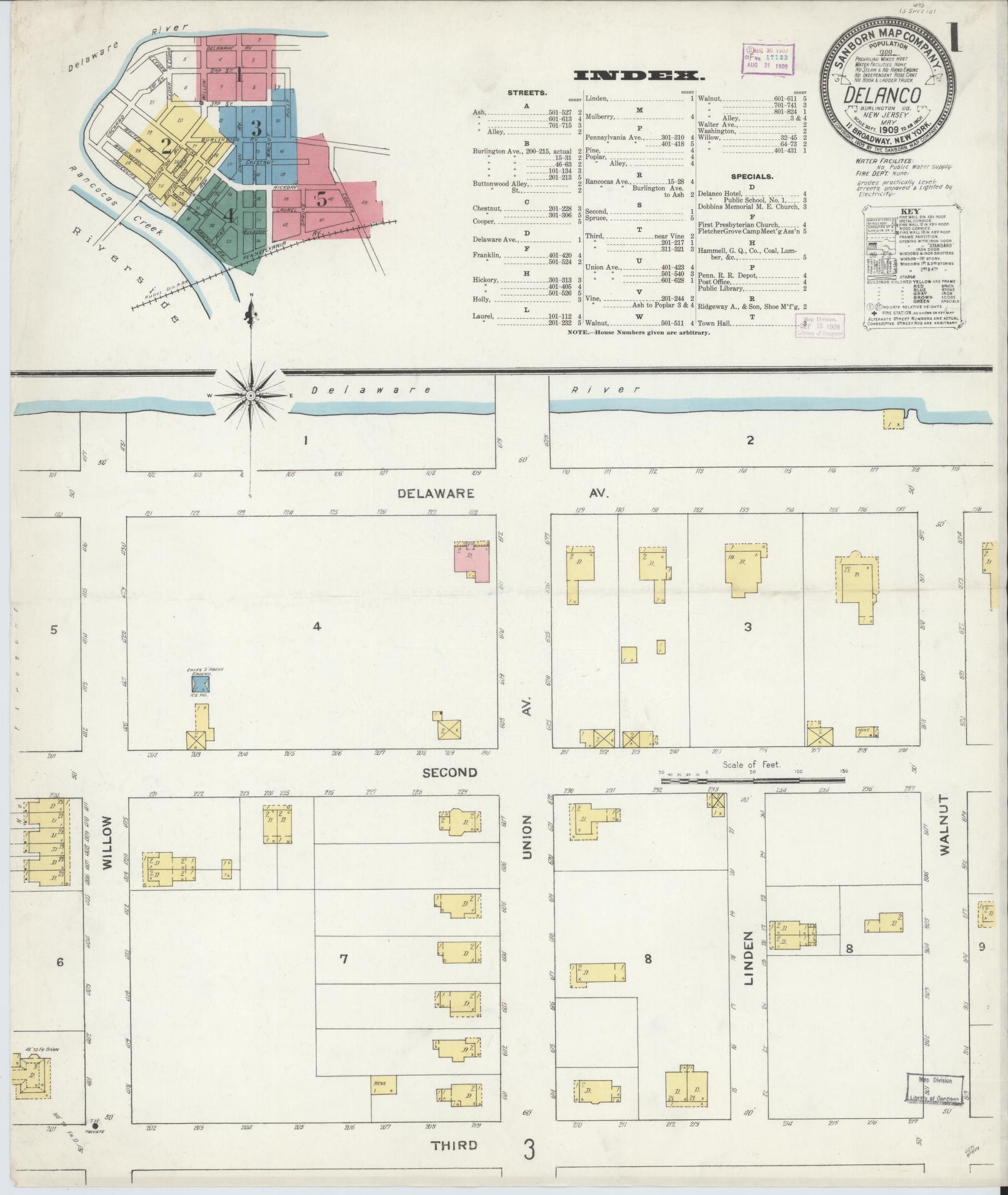 Sanborn Fire Insurance Map from Delanco, Burlington County, New Jersey (1909), Sheet #0001 - Historic Sanborn Fire Insurance Map Print, vintage old map wall art, antique decor, genealogy gift, New Jersey New Jersey map