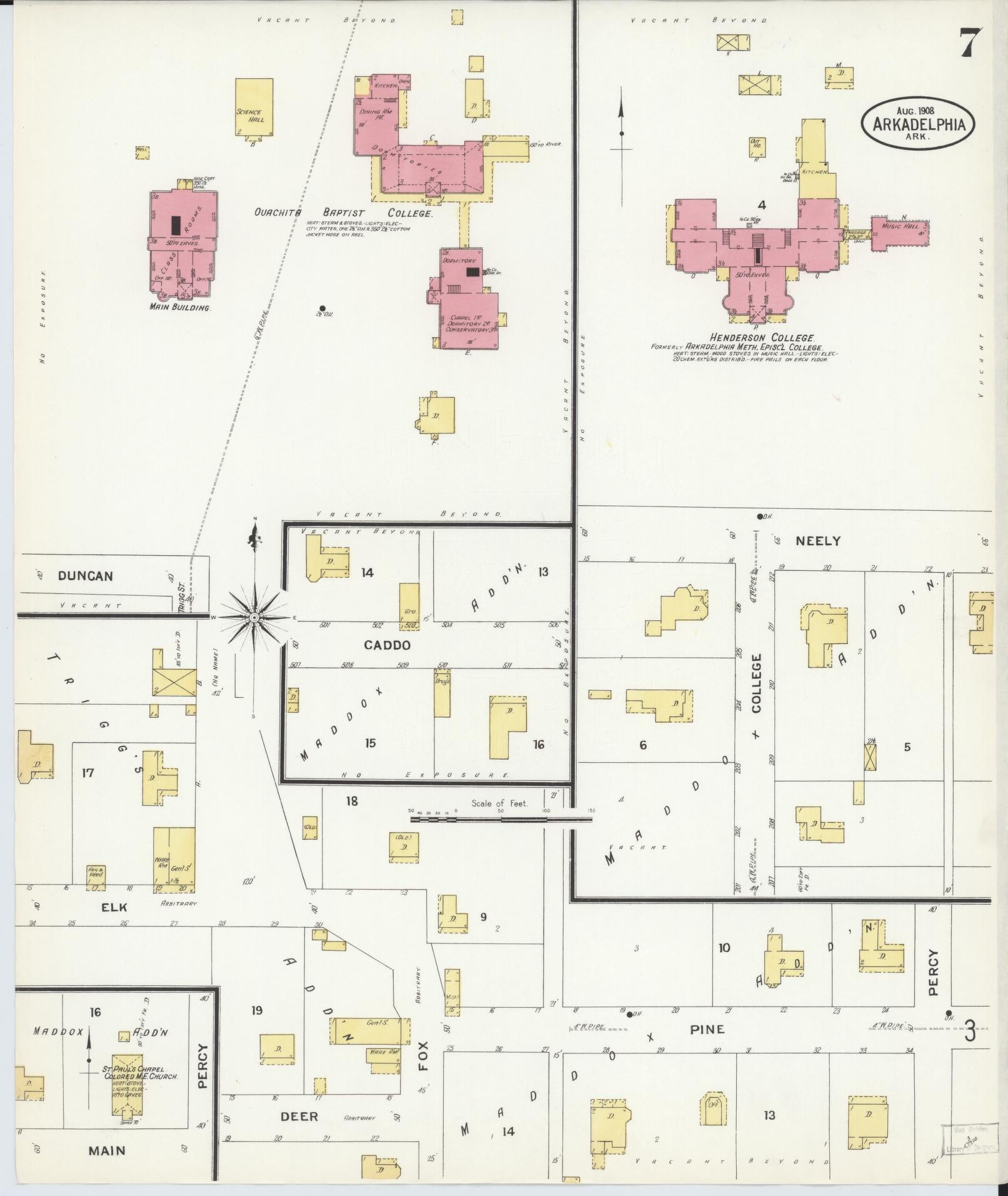 Sanborn Fire Insurance Map from Arkadelphia, Clark County, Arkansas (1908), Sheet #0007 - Complete Map Set gallery image, historic Sanborn map, vintage wall art, Arkansas Arkansas
