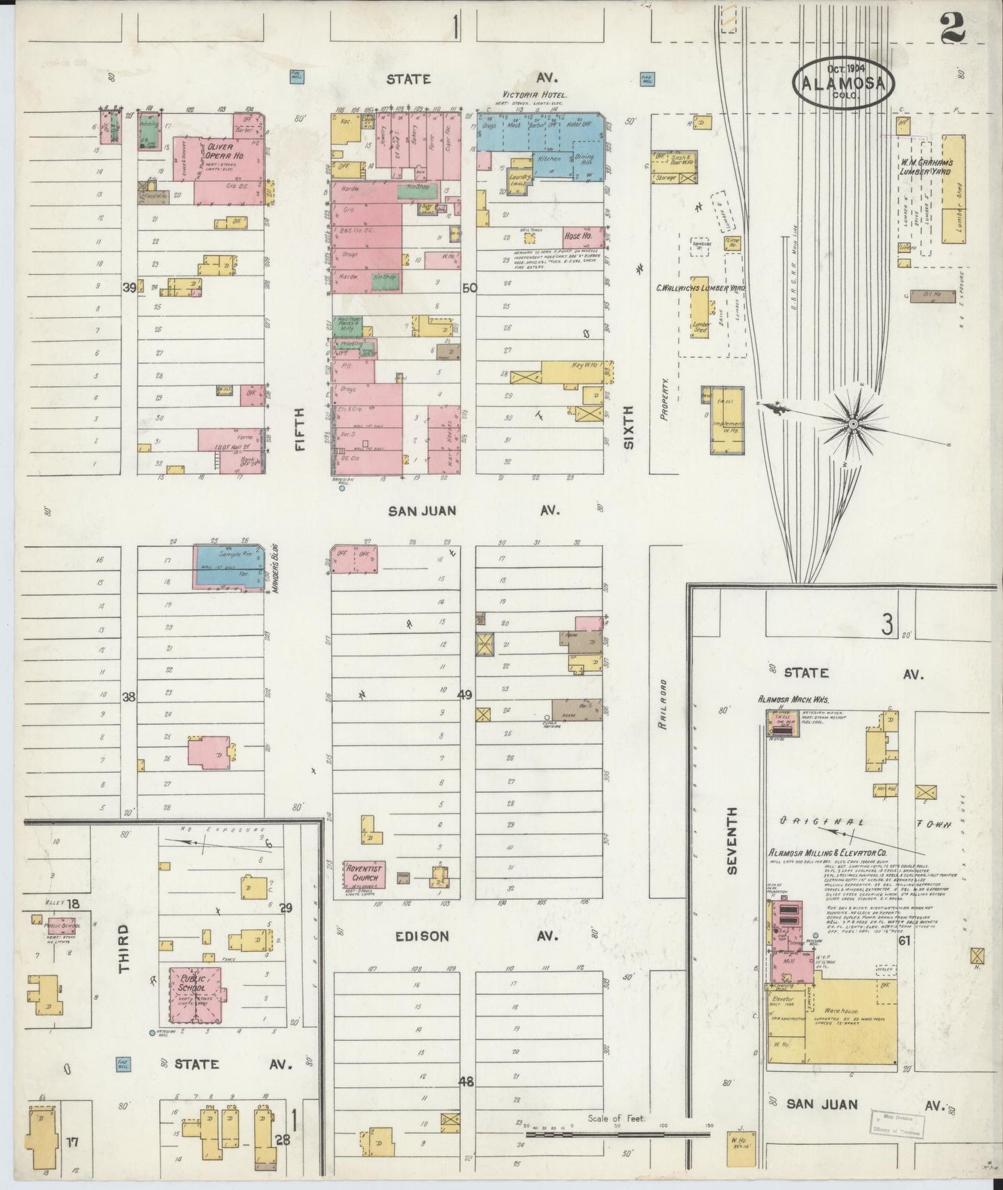 Sanborn Fire Insurance Map from Alamosa, Alamosa County, Colorado (1904), Sheet #0002 - Historic Sanborn Fire Insurance Map Print, vintage old map wall art, antique decor, genealogy gift, Colorado Colorado map