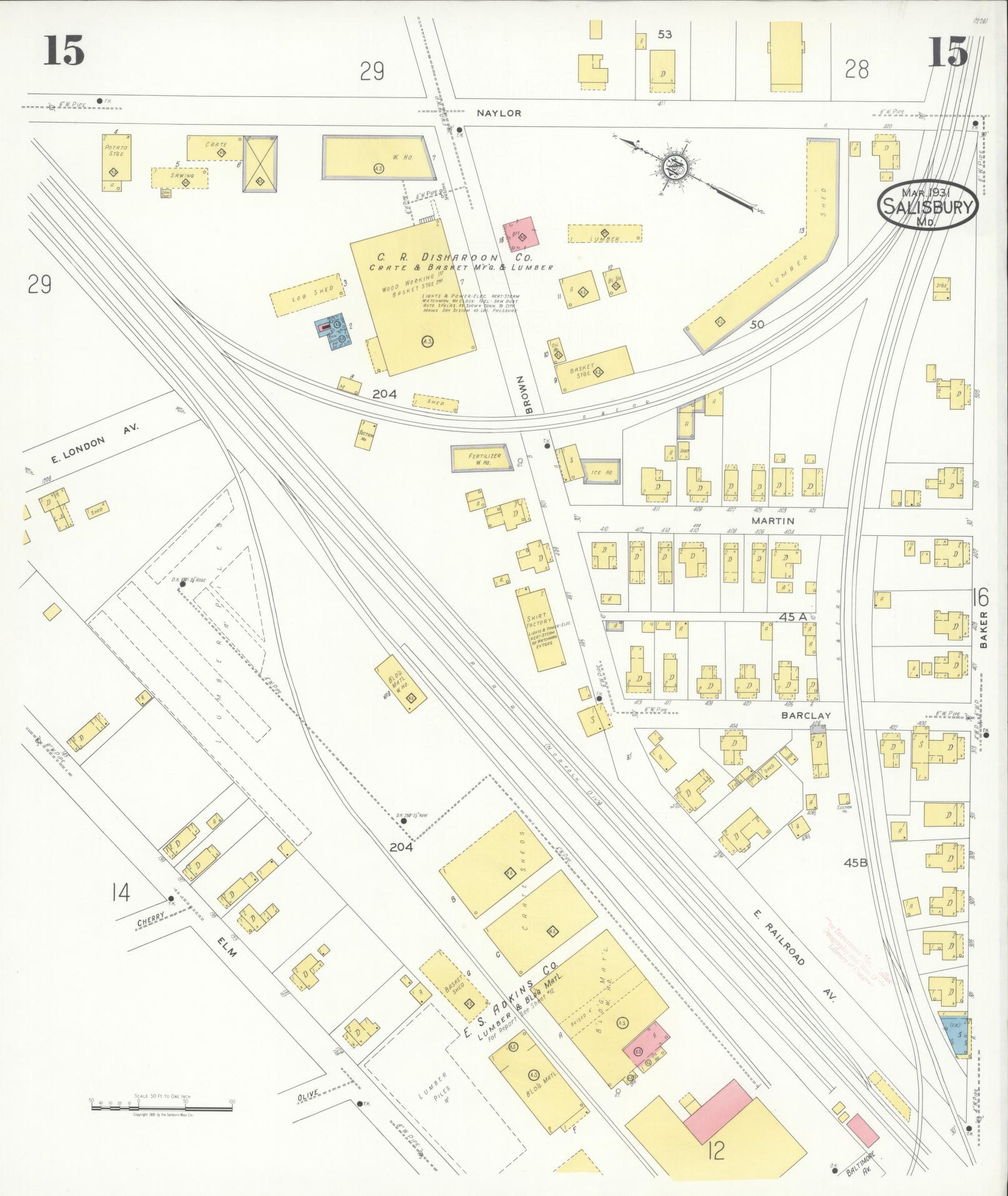 Sanborn Fire Insurance Map from Salisbury, Wicomico County, Maryland (1931), Sheet #0015 - Historic Sanborn Fire Insurance Map Print, vintage old map wall art