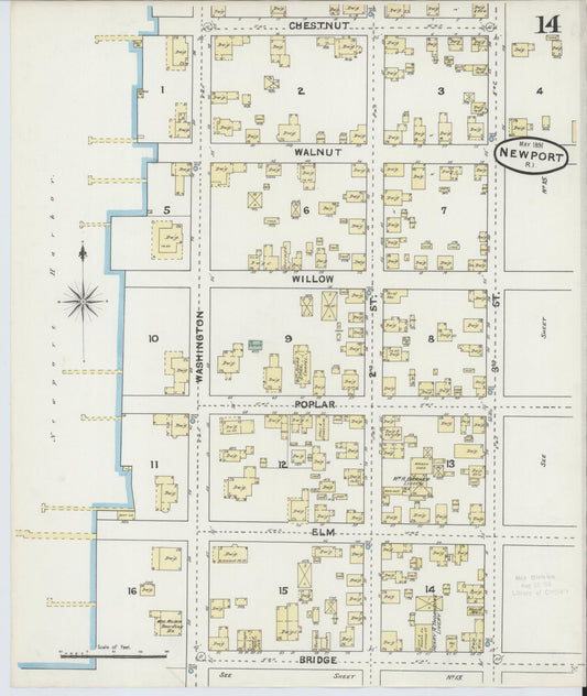 Sanborn Fire Insurance Map from Newport, Newport County, Rhode Island (1891), Sheet #0014 - Historic Sanborn Fire Insurance Map Print, vintage old map wall art, antique decor, genealogy gift, Rhode Island Rhode Island map