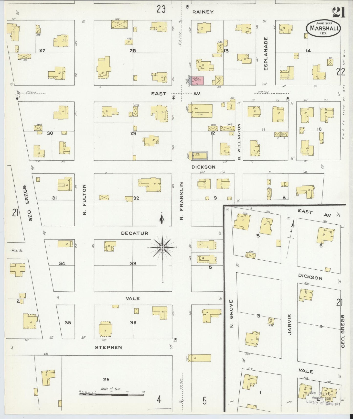 Sanborn Fire Insurance Map from Marshall, Harrison County, Texas (1909), Sheet #0021 - Complete Map Set gallery image, historic Sanborn map, vintage wall art, Texas Texas