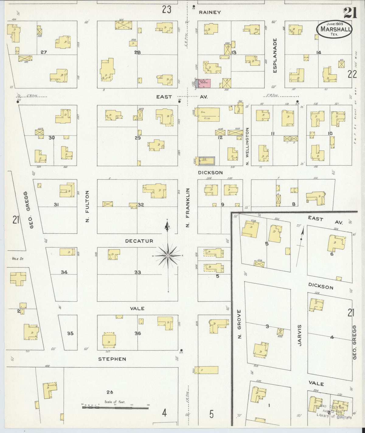 Sanborn Fire Insurance Map from Marshall, Harrison County, Texas (1909), Sheet #0021 - Complete Map Set gallery image, historic Sanborn map, vintage wall art, Texas Texas