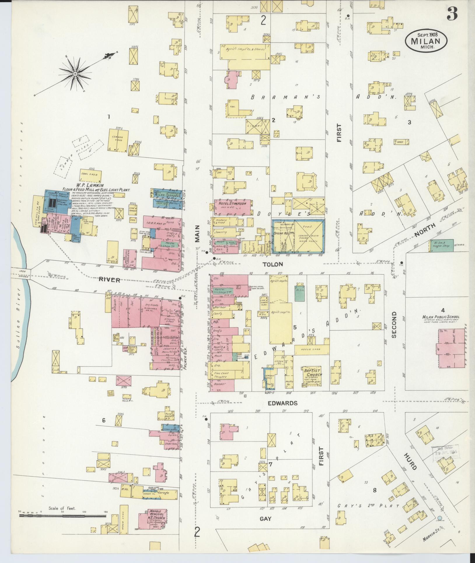 Sanborn Fire Insurance Map from Milan, Washtenaw And Monroe Counties, Michigan (1908), Sheet #0003 - Complete Map Set gallery image, historic Sanborn map, vintage wall art, Michigan Michigan