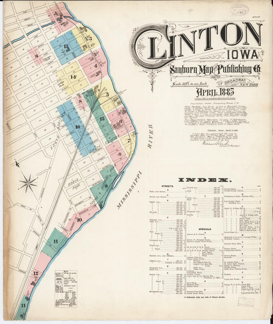 Sanborn Fire Insurance Map from Clinton, Clinton County, Iowa (1885), Sheet #0001 - Historic Sanborn Fire Insurance Map Print, vintage old map wall art