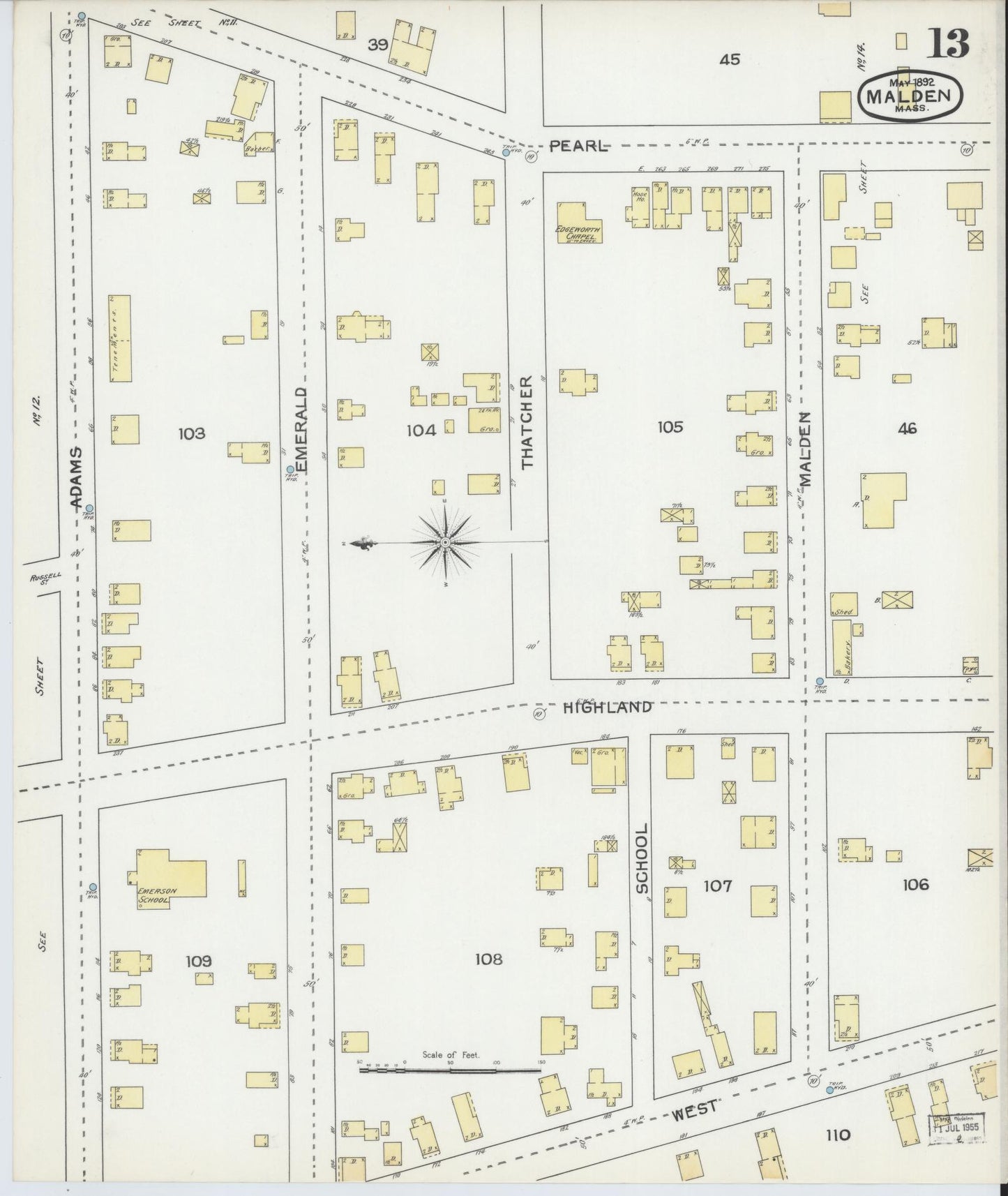 Sanborn Fire Insurance Map from Malden, Middlesex County, Massachusetts (1892), Sheet #0013 - Complete Map Set gallery image, historic Sanborn map, vintage wall art, Massachusetts Massachusetts