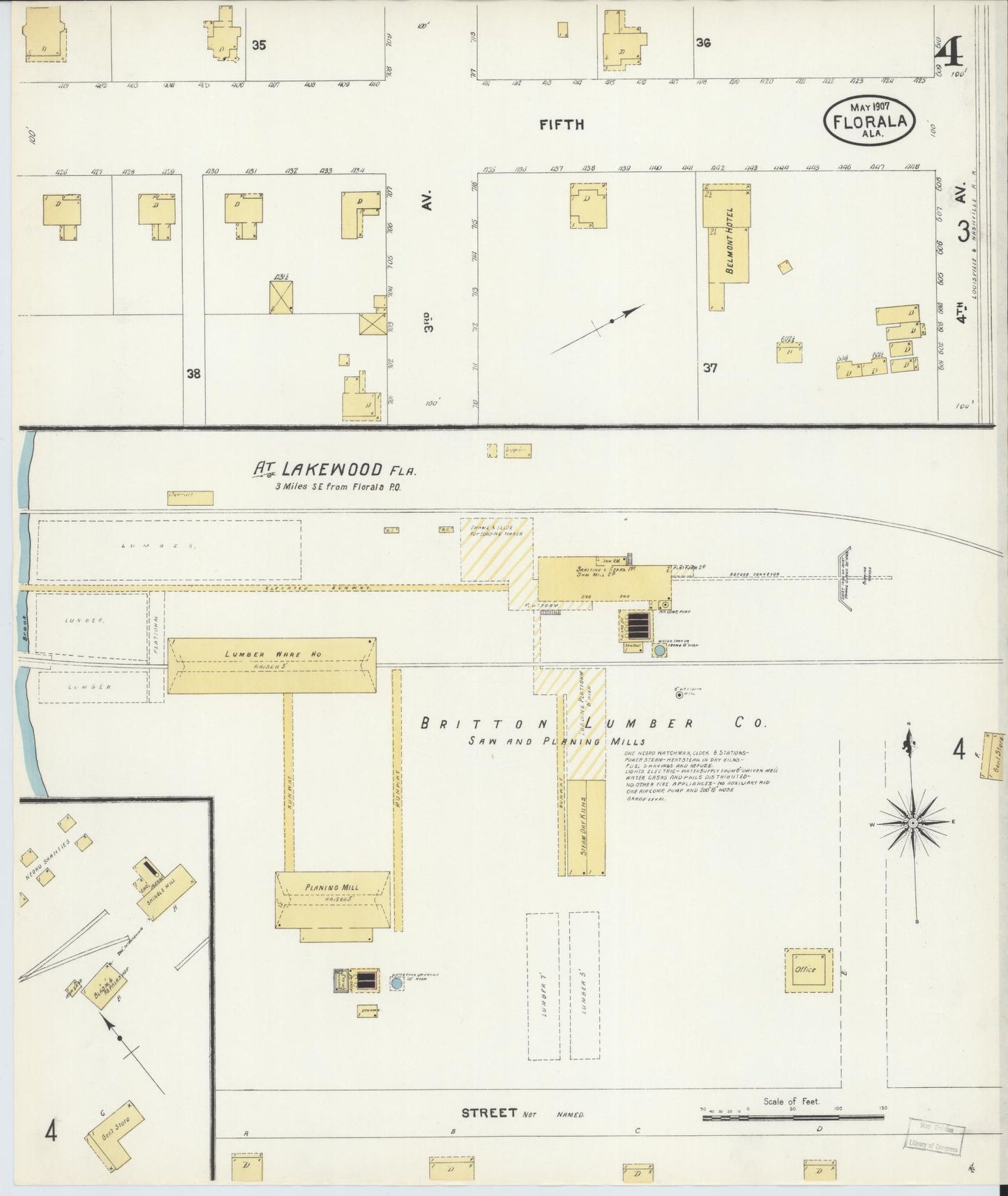 Sanborn Fire Insurance Map from Florala, Covington County, Alabama (1907), Sheet #0004 - Complete Map Set gallery image, historic Sanborn map, vintage wall art, Alabama Alabama