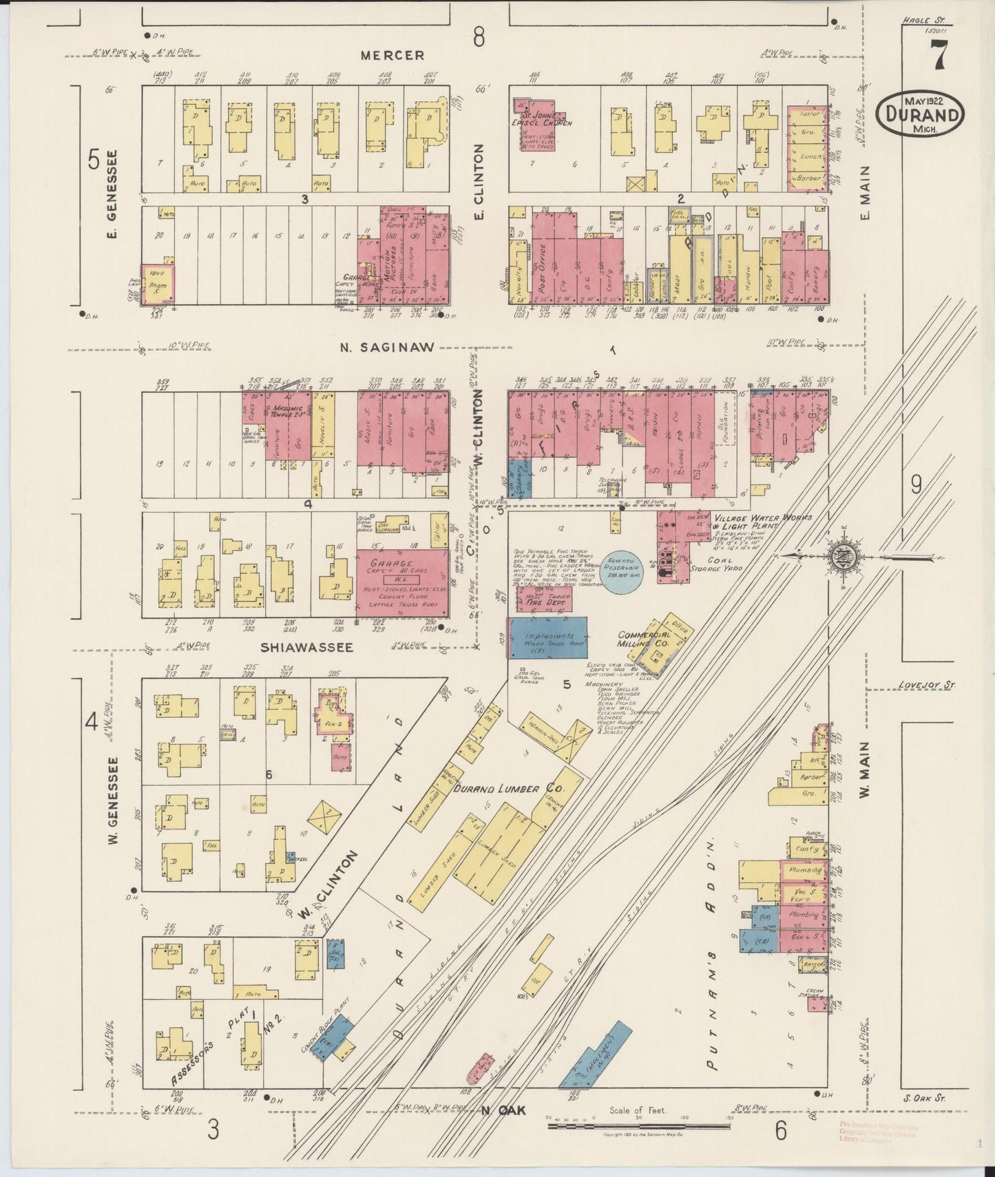 Sanborn Fire Insurance Map from Durand, Shiawassee County, Michigan (1922), Sheet #0007 - Complete Map Set gallery image, historic Sanborn map, vintage wall art, Michigan Michigan