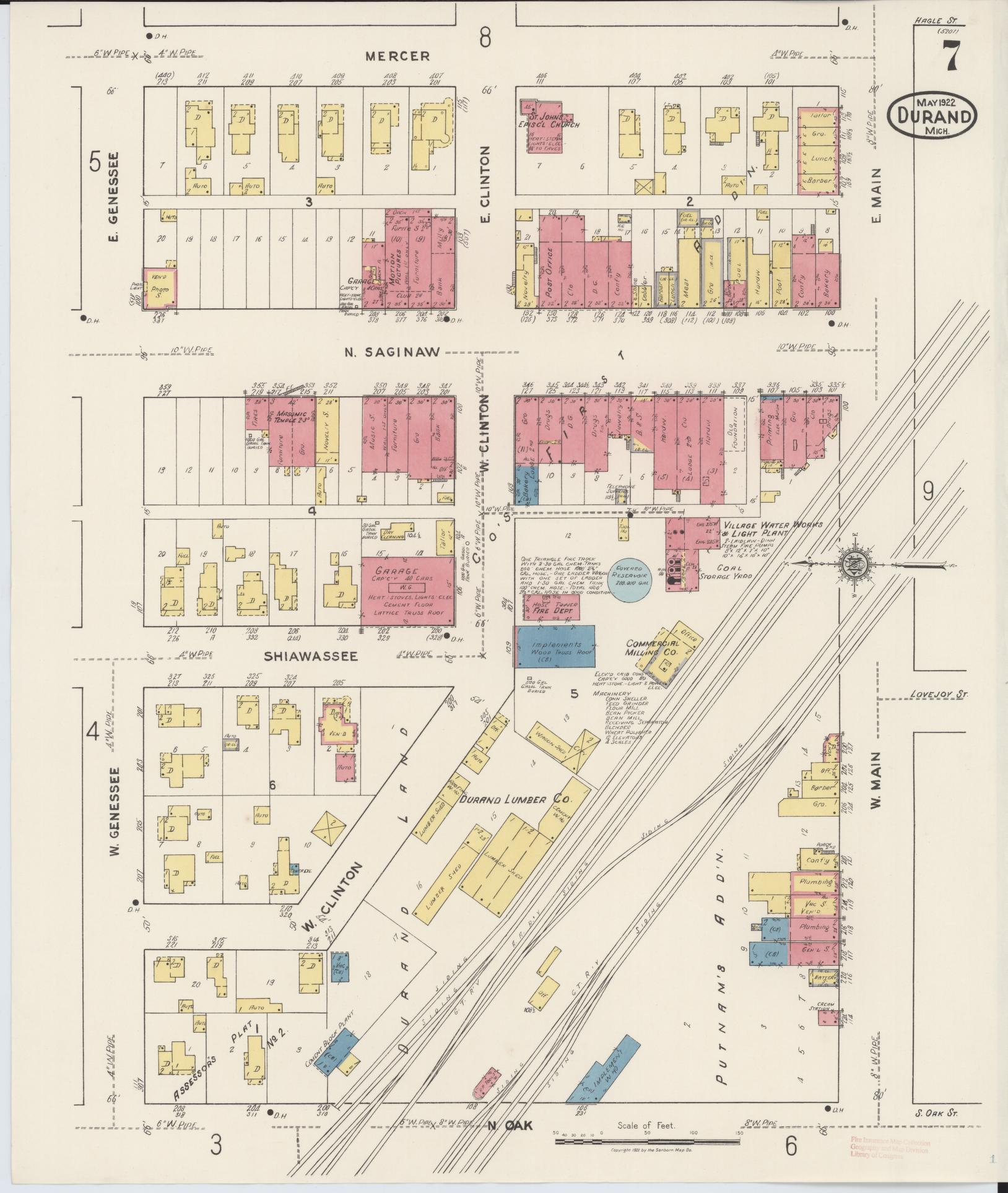 Sanborn Fire Insurance Map from Durand, Shiawassee County, Michigan (1922), Sheet #0007 - Complete Map Set gallery image, historic Sanborn map, vintage wall art, Michigan Michigan