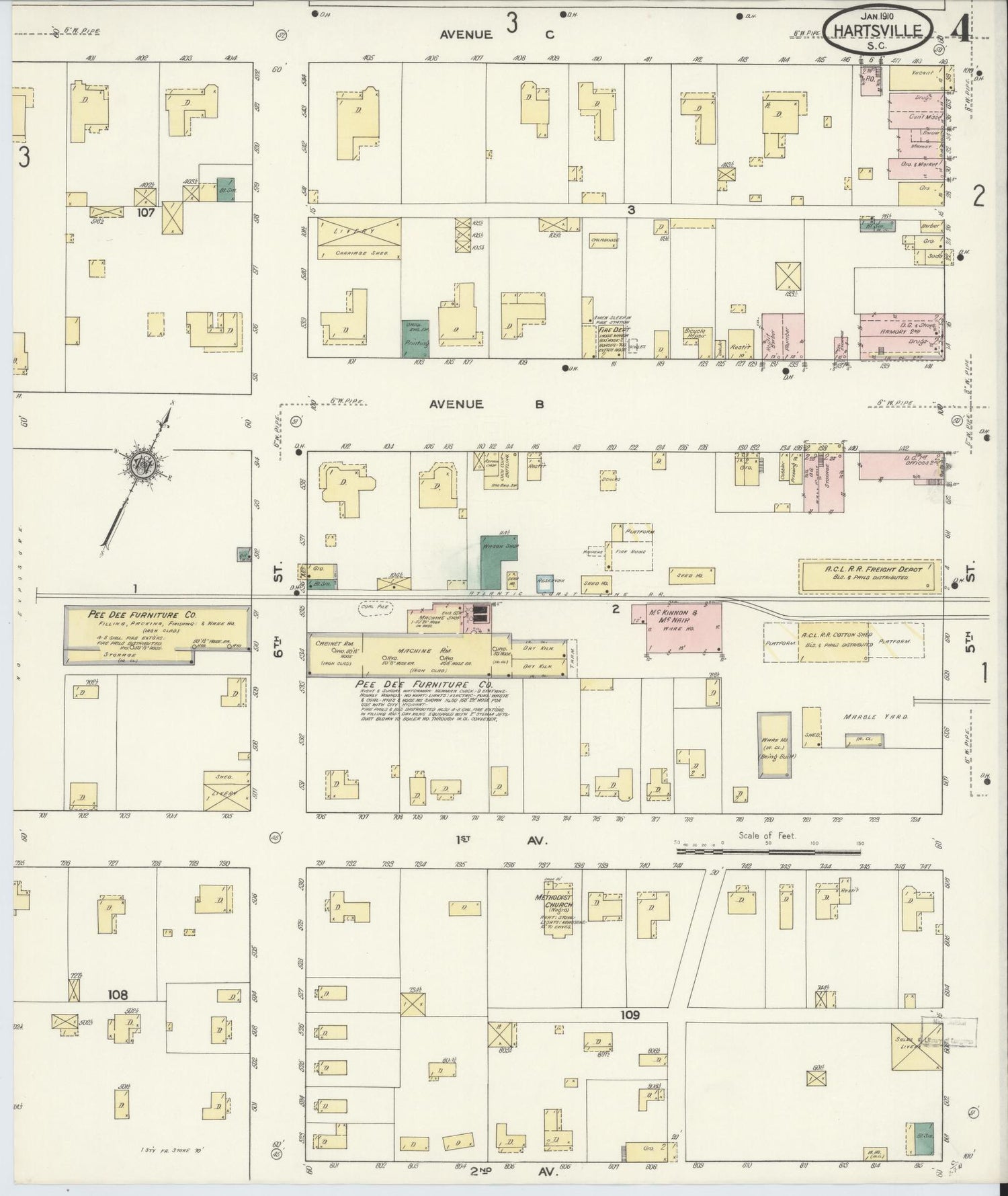 Sanborn Fire Insurance Map from Hartsville, Darlington County, South Carolina (1910), Sheet #0004 - Historic Sanborn Fire Insurance Map Print, vintage old map wall art, antique decor, genealogy gift, South Carolina South Carolina map