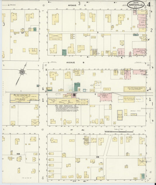 Sanborn Fire Insurance Map from Hartsville, Darlington County, South Carolina (1910), Sheet #0004 - Historic Sanborn Fire Insurance Map Print, vintage old map wall art, antique decor, genealogy gift, South Carolina South Carolina map