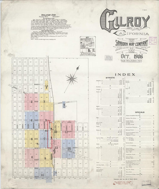 Sanborn Fire Insurance Map from Gilroy, Santa Clara County, California (1906), Sheet #0001 - Complete Map Set gallery image, historic Sanborn map, vintage wall art, California California
