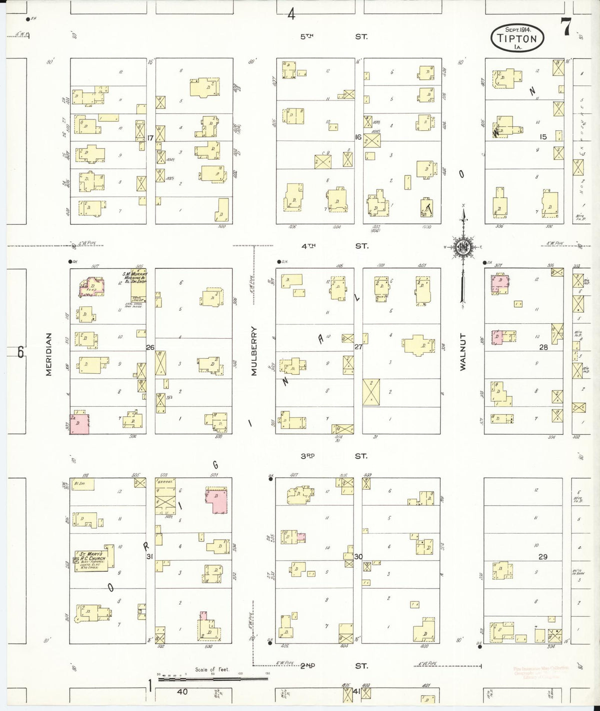Sanborn Fire Insurance Map from Tipton, Cedar County, Iowa (1914), Sheet #0007 - Historic Sanborn Fire Insurance Map Print, vintage old map wall art