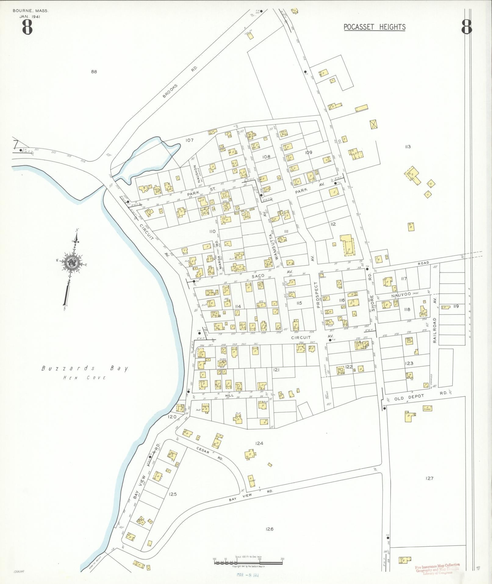 Sanborn Fire Insurance Map from Bourne, Barnstable County, Massachusetts (1941), Sheet #0008 - Complete Map Set gallery image, historic Sanborn map, vintage wall art, Massachusetts Massachusetts