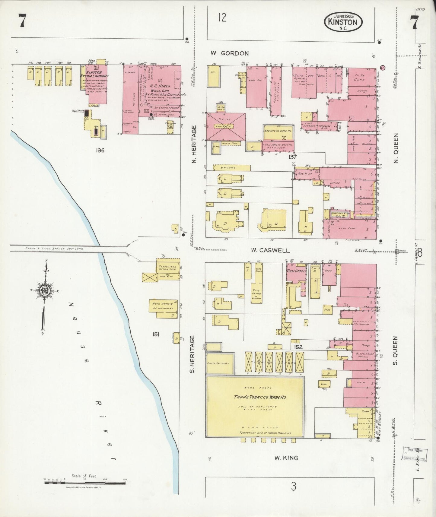 Sanborn Fire Insurance Map from Kinston, Lenoir County, North Carolina (1925), Sheet #0007 - Historic Sanborn Fire Insurance Map Print, vintage old map wall art, antique decor, genealogy gift, North Carolina North Carolina map