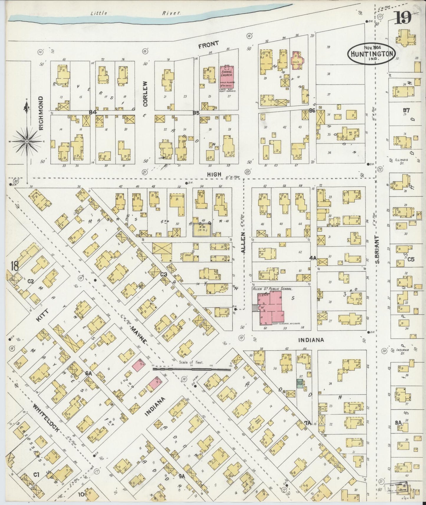 Sanborn Fire Insurance Map from Huntington, Huntington County, Indiana (1904), Sheet #0019 - Historic Sanborn Fire Insurance Map Print, vintage old map wall art, antique decor, genealogy gift, Indiana Indiana map