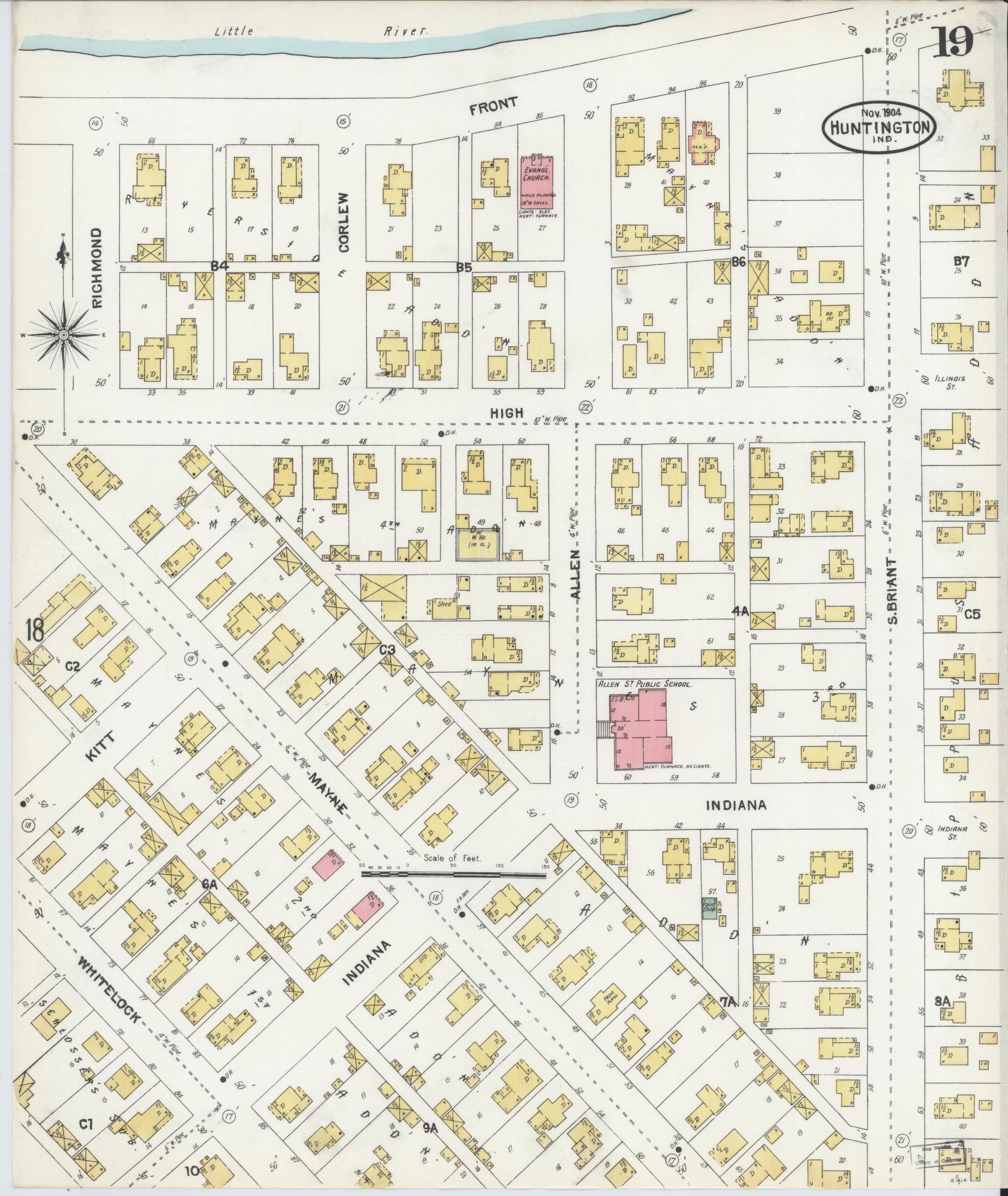 Sanborn Fire Insurance Map from Huntington, Huntington County, Indiana (1904), Sheet #0019 - Historic Sanborn Fire Insurance Map Print, vintage old map wall art, antique decor, genealogy gift, Indiana Indiana map
