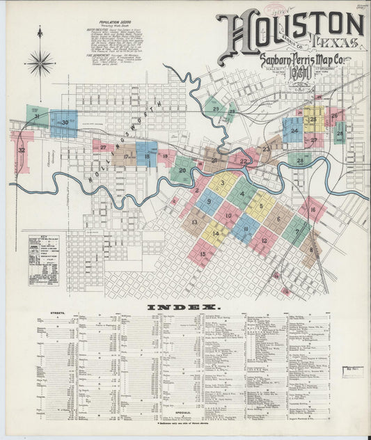 Sanborn Fire Insurance Map from Houston, Harris County, Texas (1890), Sheet #0001 - Historic Sanborn Fire Insurance Map Print, vintage old map wall art, antique decor, genealogy gift, Texas Texas map