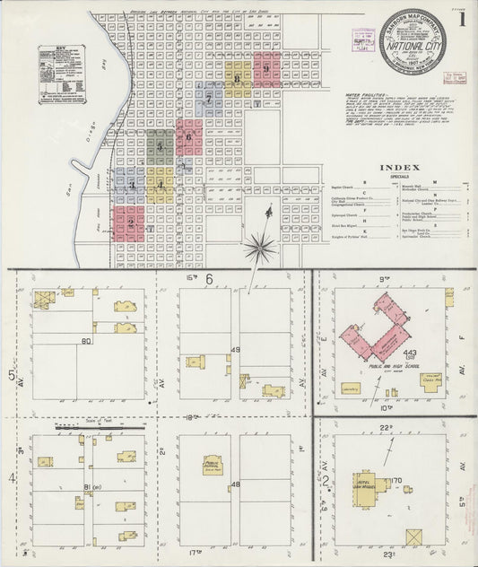 Sanborn Fire Insurance Map from National City, San Diego County, California (1907), Sheet #0001 - Complete Map Set gallery image, historic Sanborn map, vintage wall art, California California