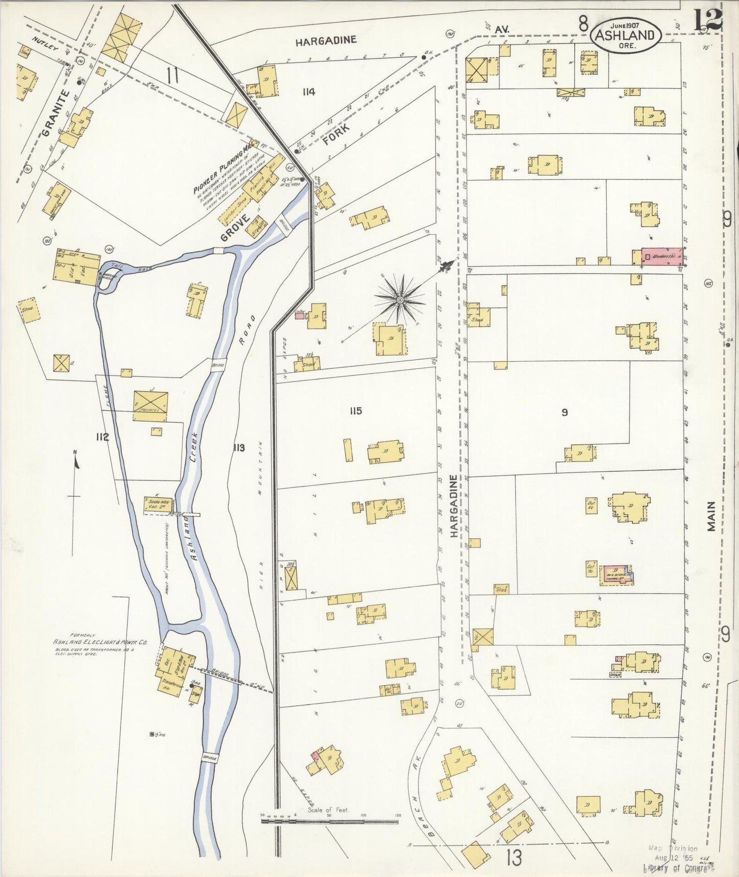 Sanborn Fire Insurance Map from Ashland, Jackson County, Oregon (1907), Sheet #0012 - Complete Map Set gallery image, historic Sanborn map, vintage wall art, Oregon Oregon