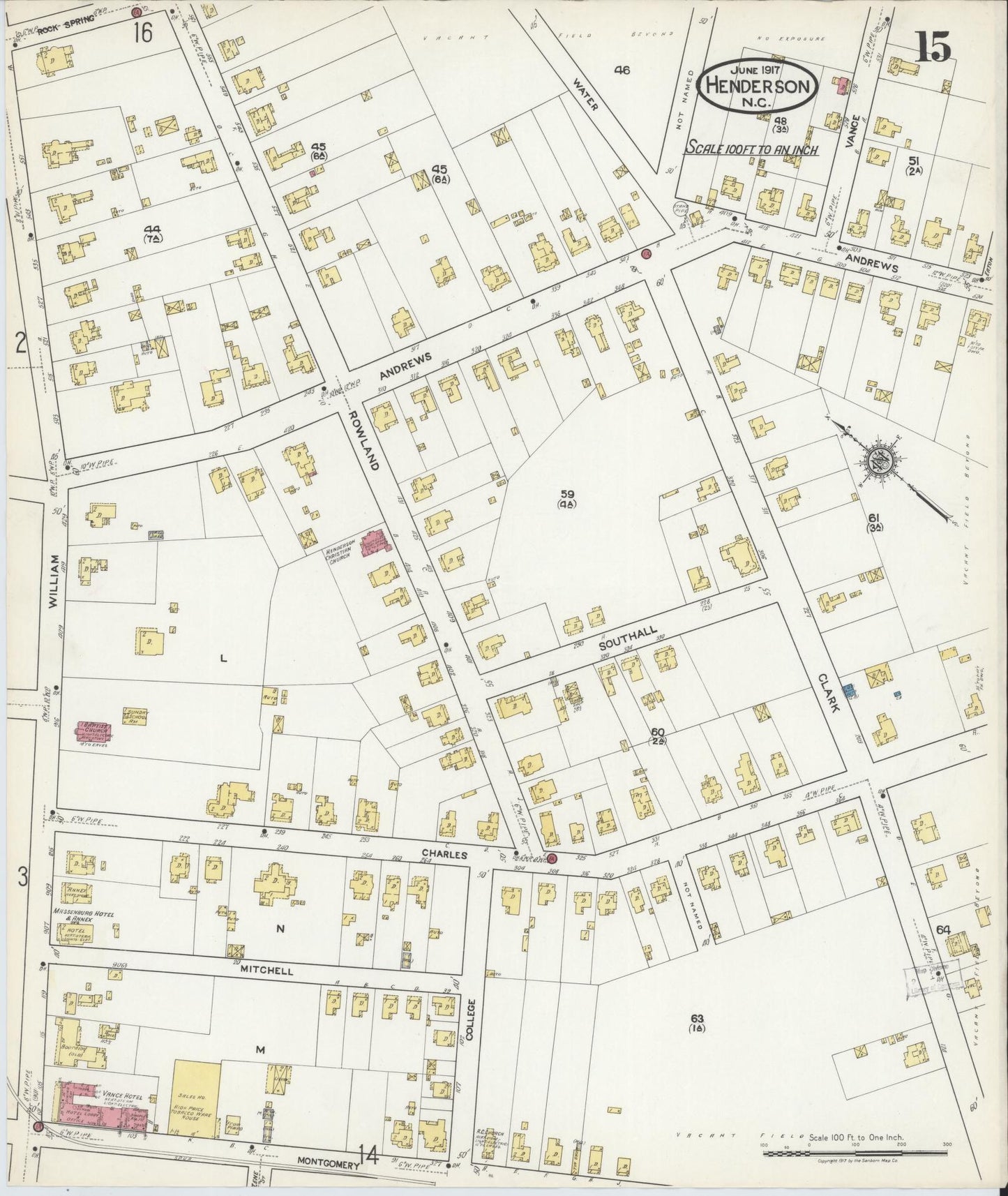 Sanborn Fire Insurance Map from Henderson, Vance County, North Carolina (1917), Sheet #0015 - Complete Map Set gallery image, historic Sanborn map, vintage wall art, North Carolina North Carolina