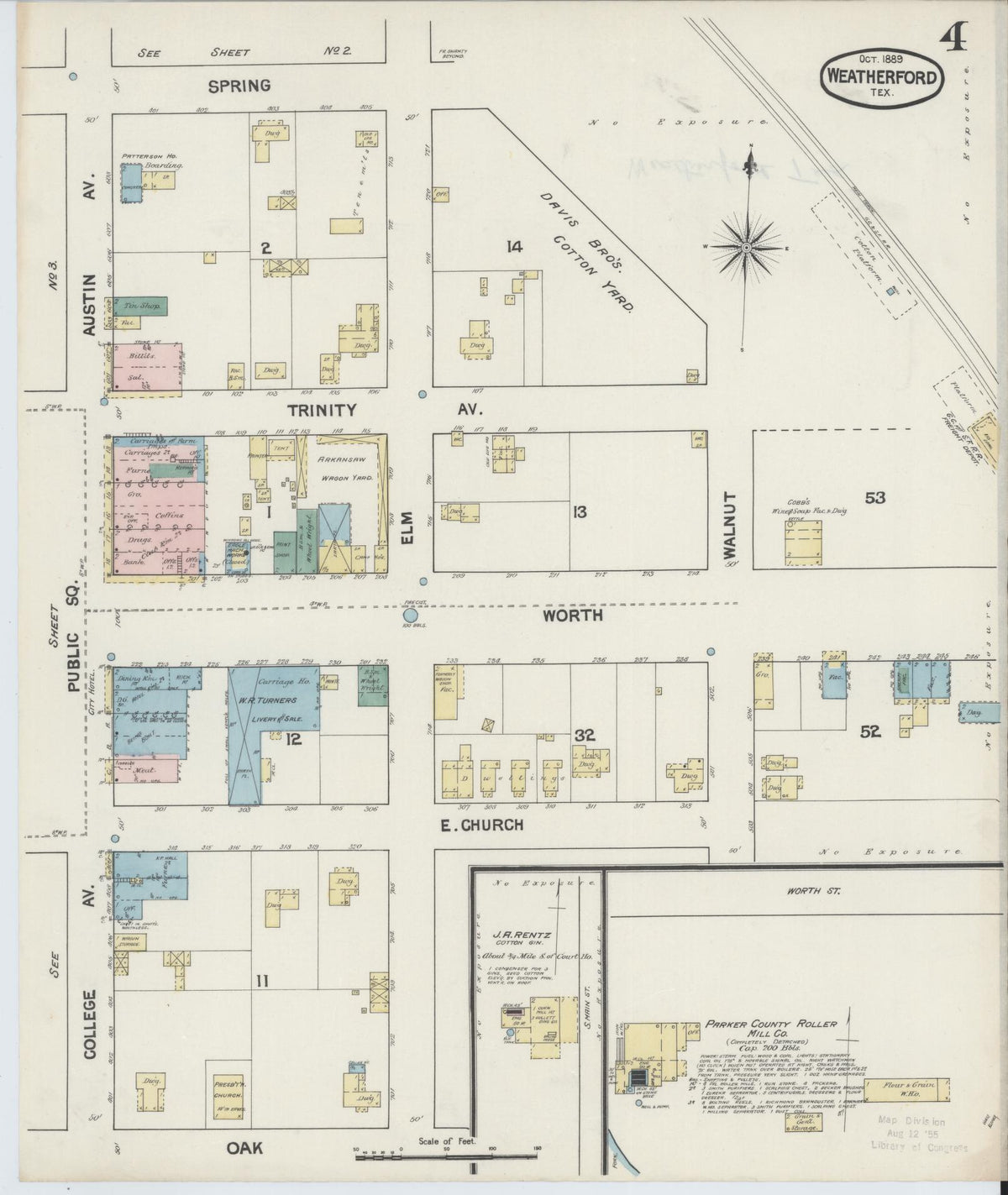 Sanborn Fire Insurance Map from Weatherford, Parker County, Texas (1889), Sheet #0004 - Complete Map Set gallery image, historic Sanborn map, vintage wall art, Texas Texas