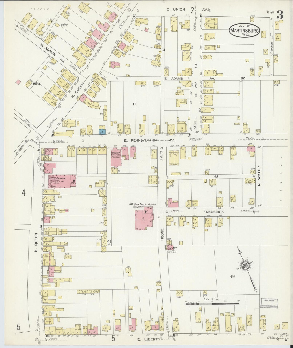 Sanborn Fire Insurance Map from Martinsburg, Berkeley County, West Virginia (1913), Sheet #0003 - Historic Sanborn Fire Insurance Map Print, vintage old map wall art, antique decor, genealogy gift, West Virginia West Virginia map