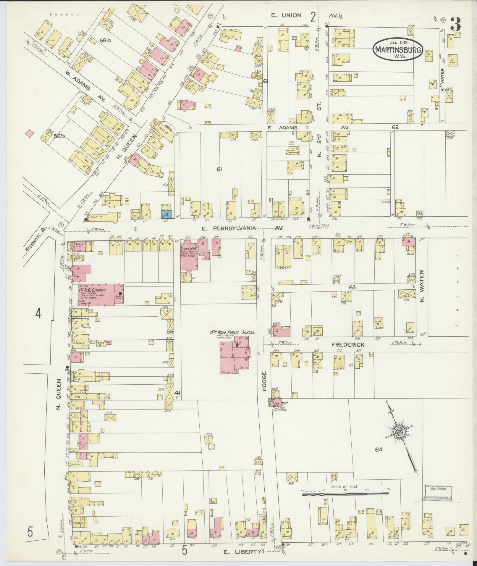 Sanborn Fire Insurance Map from Martinsburg, Berkeley County, West Virginia (1913), Sheet #0003 - Historic Sanborn Fire Insurance Map Print, vintage old map wall art, antique decor, genealogy gift, West Virginia West Virginia map