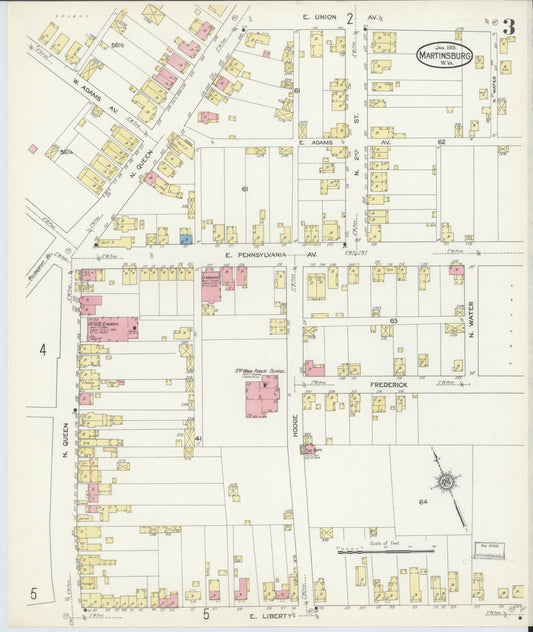 Sanborn Fire Insurance Map from Martinsburg, Berkeley County, West Virginia (1913), Sheet #0003 - Historic Sanborn Fire Insurance Map Print, vintage old map wall art, antique decor, genealogy gift, West Virginia West Virginia map