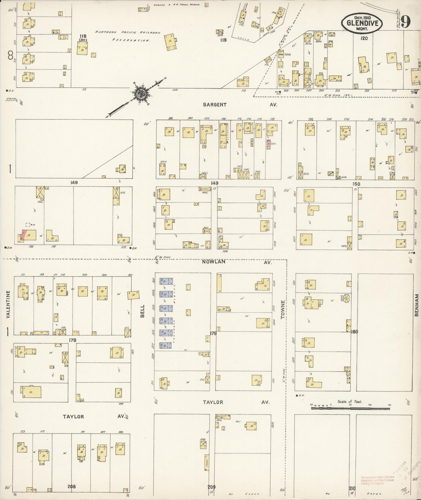 Sanborn Fire Insurance Map from Glendive, Dawson County, Montana (1910), Sheet #0009 - Complete Map Set gallery image, historic Sanborn map, vintage wall art, Montana Montana