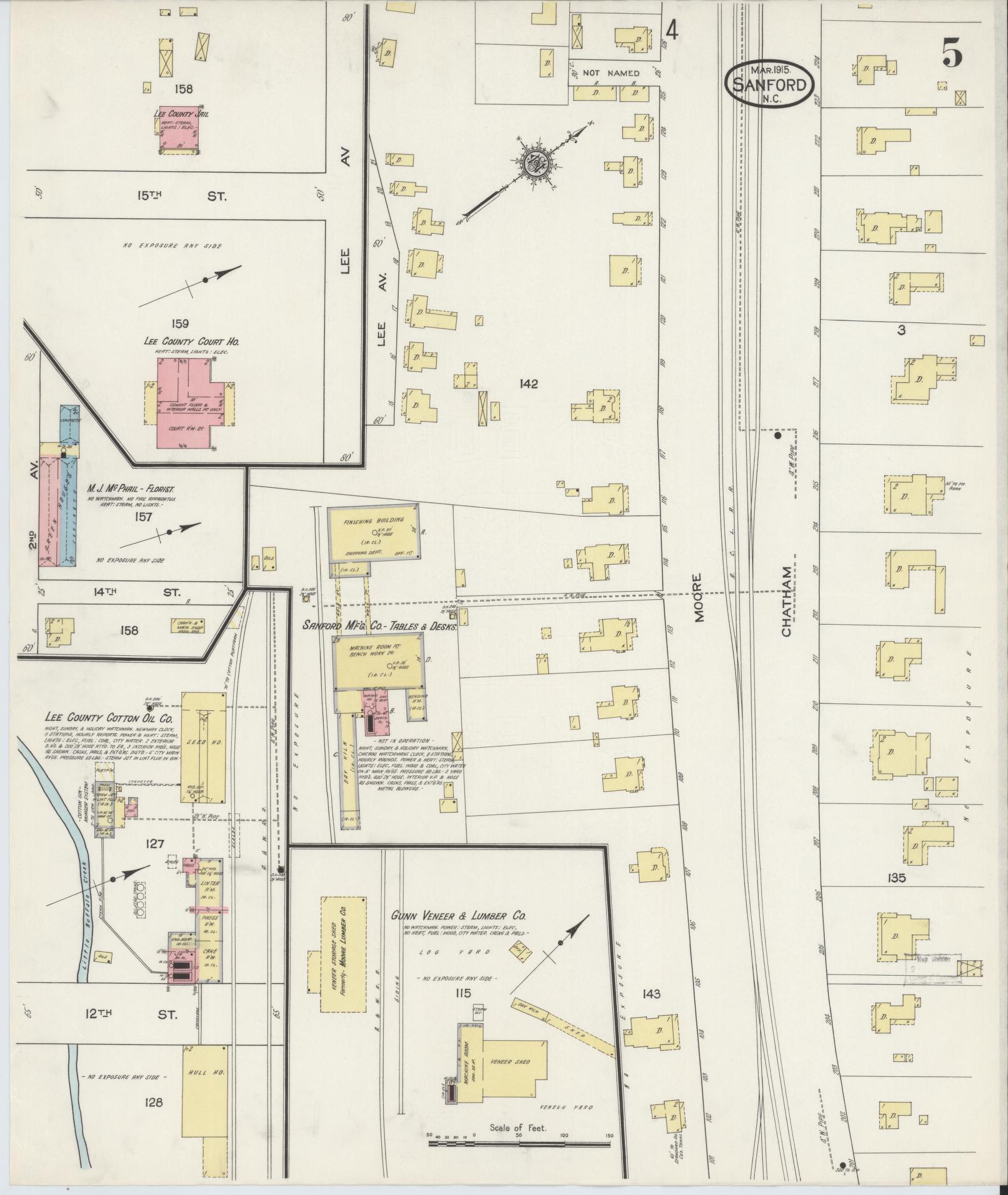 Sanborn Fire Insurance Map from Sanford, Lee County, North Carolina (1915), Sheet #0005 - Historic Sanborn Fire Insurance Map Print, vintage old map wall art, antique decor, genealogy gift, North Carolina North Carolina map