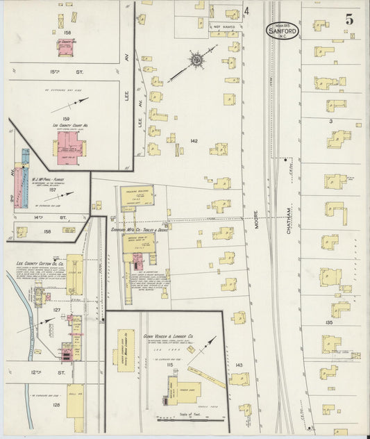 Sanborn Fire Insurance Map from Sanford, Lee County, North Carolina (1915), Sheet #0005 - Historic Sanborn Fire Insurance Map Print, vintage old map wall art, antique decor, genealogy gift, North Carolina North Carolina map