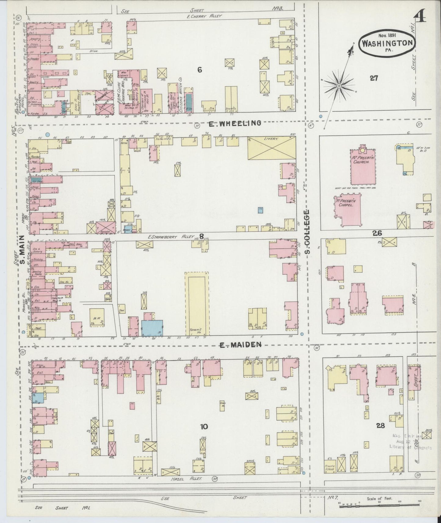 Sanborn Fire Insurance Map from Washington, Washington County, Pennsylvania (1891), Sheet #0004 - Historic Sanborn Fire Insurance Map Print, vintage old map wall art, antique decor, genealogy gift, Sanborn Fire Insurance Map from Washington Washington map